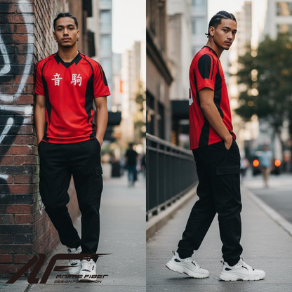 Man wearing a Haikyuu Anime Jersey, standing against a brick wall and on a city street.
