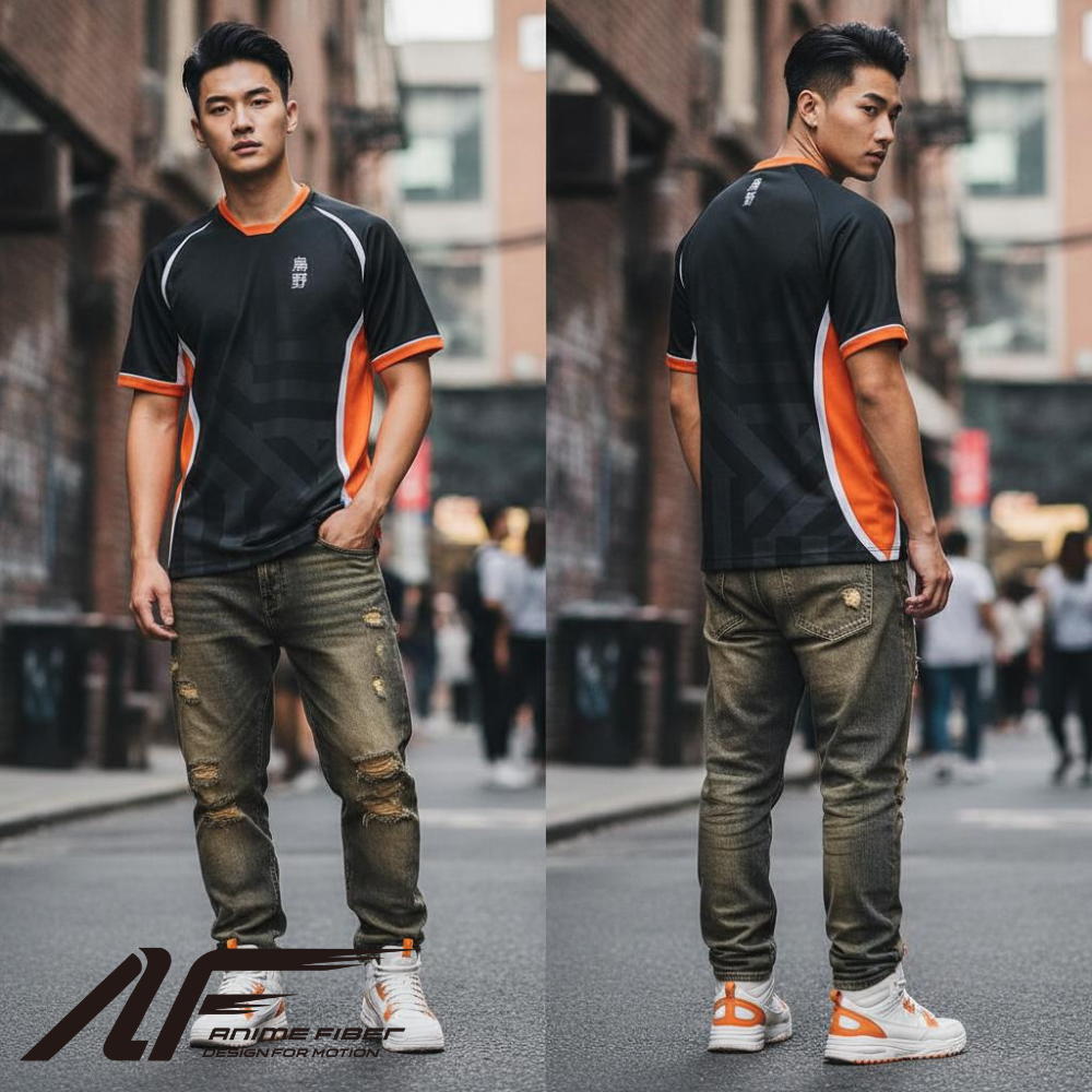 Man wearing Haikyuu Anime Jersey with green pants on a city street.