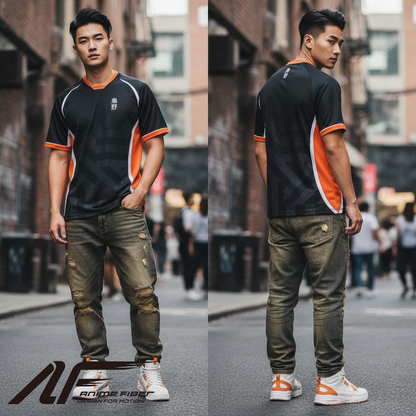Man wearing Haikyuu Anime Jersey with green pants on a city street.