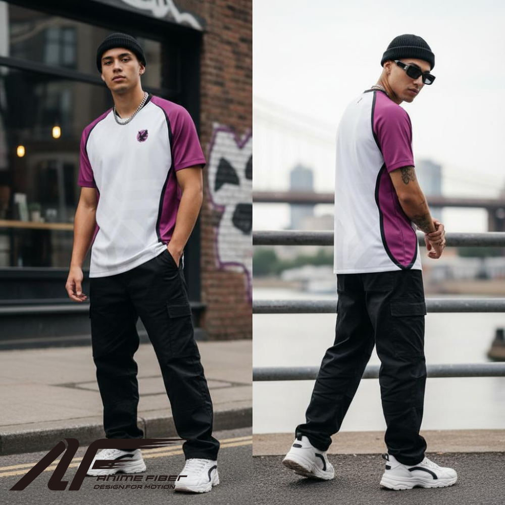 Person wearing a Haikyuu Anime Jersey with black pants in two different settings.