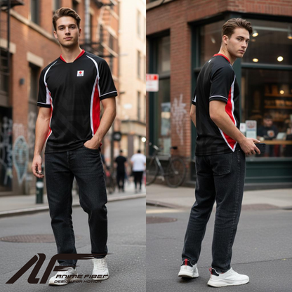 Man wearing a Haikyuu Anime Jersey on a city street