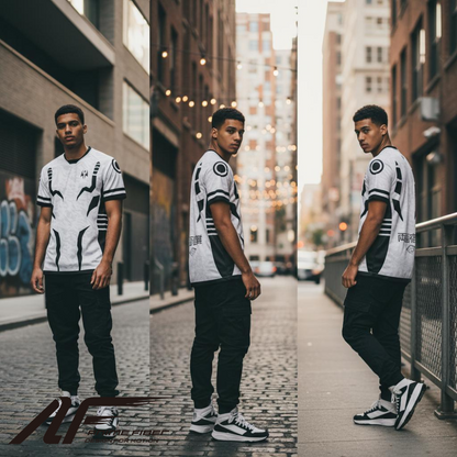 Man wearing a Jujutsu Kaisen Anime Jersey with geometric patterns on a city street.