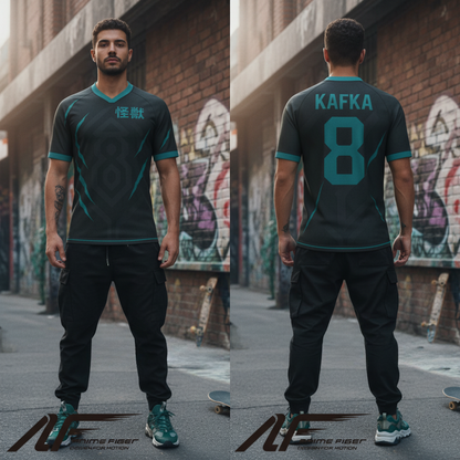 Man wearing a Kaiju No. 8 Anime Jersey in an urban setting.