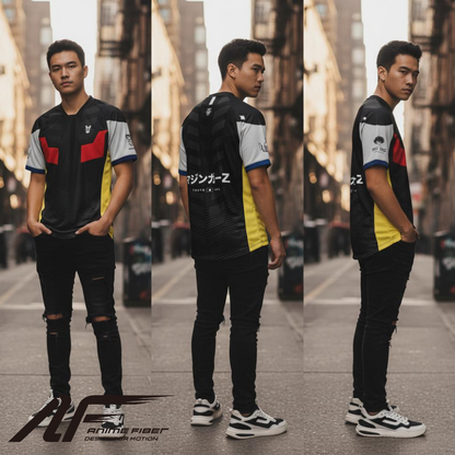 Person wearing a Mecha Anime Jersey with anime branding on a city street.
