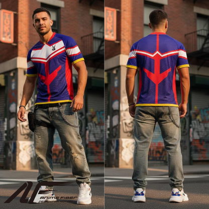 Man wearing a colorful My Hero Academia Anime Jersey with a red and blue design, standing on a street.