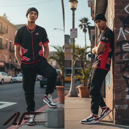 Man wearing a black and red Naruto Anime Jersey with a street and graffiti background