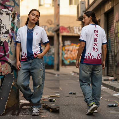 Person wearing a Naruto Anime Jersey, standing on a street with graffiti.