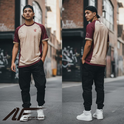 Person wearing Naruto Anime Jersey with black pants on a street, with 'Anime Fiber' logo.