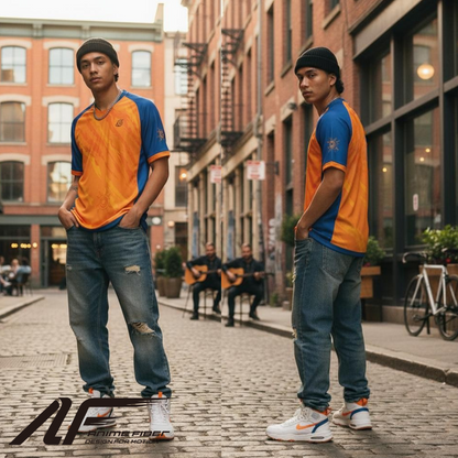 Man wearing a Naruto Anime Jersey on a city street.
