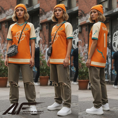 Person wearing a One Piece Anime Jersey with a beanie, standing in an urban setting.