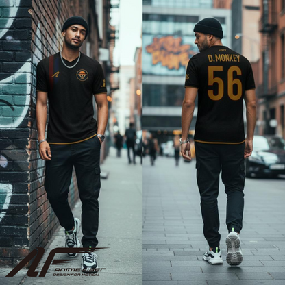 Man wearing a One Piece Anime Jersey, walking on a city street.