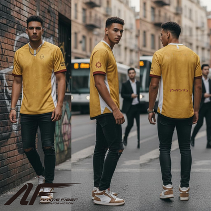 Man wearing a One Punch Man Anime Jersey, standing against a city street background.
