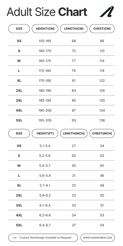 Anime and character-themed jersey size chart with measurements for chest, length, and fit from Anime Fiber.
